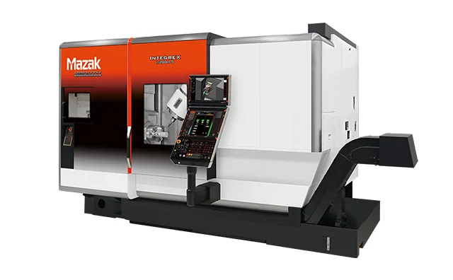 Mazak INTEGREX z rodziny i-H. Rozbudowana obudowa mieści dwa wrzeciona detalu, głowicę frezarską osi B i system transportu wiórów. Fotografia producenta: Mazak — INTEGREX i-H.