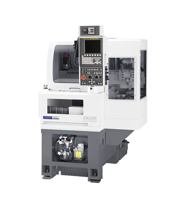 Miyano GN3200: kompaktowa tokarka produkcyjna z narzędziami w układzie gang tooling. Fotografia producenta: Citizen Machinery — GN3200.