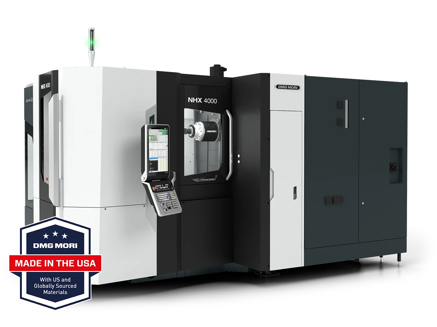 DMG MORI NHX 4000 czwartej generacji z dwiema paletami i oddzielnym stanowiskiem przezbrajania. Fotografia producenta: DMG MORI — NHX 4000.