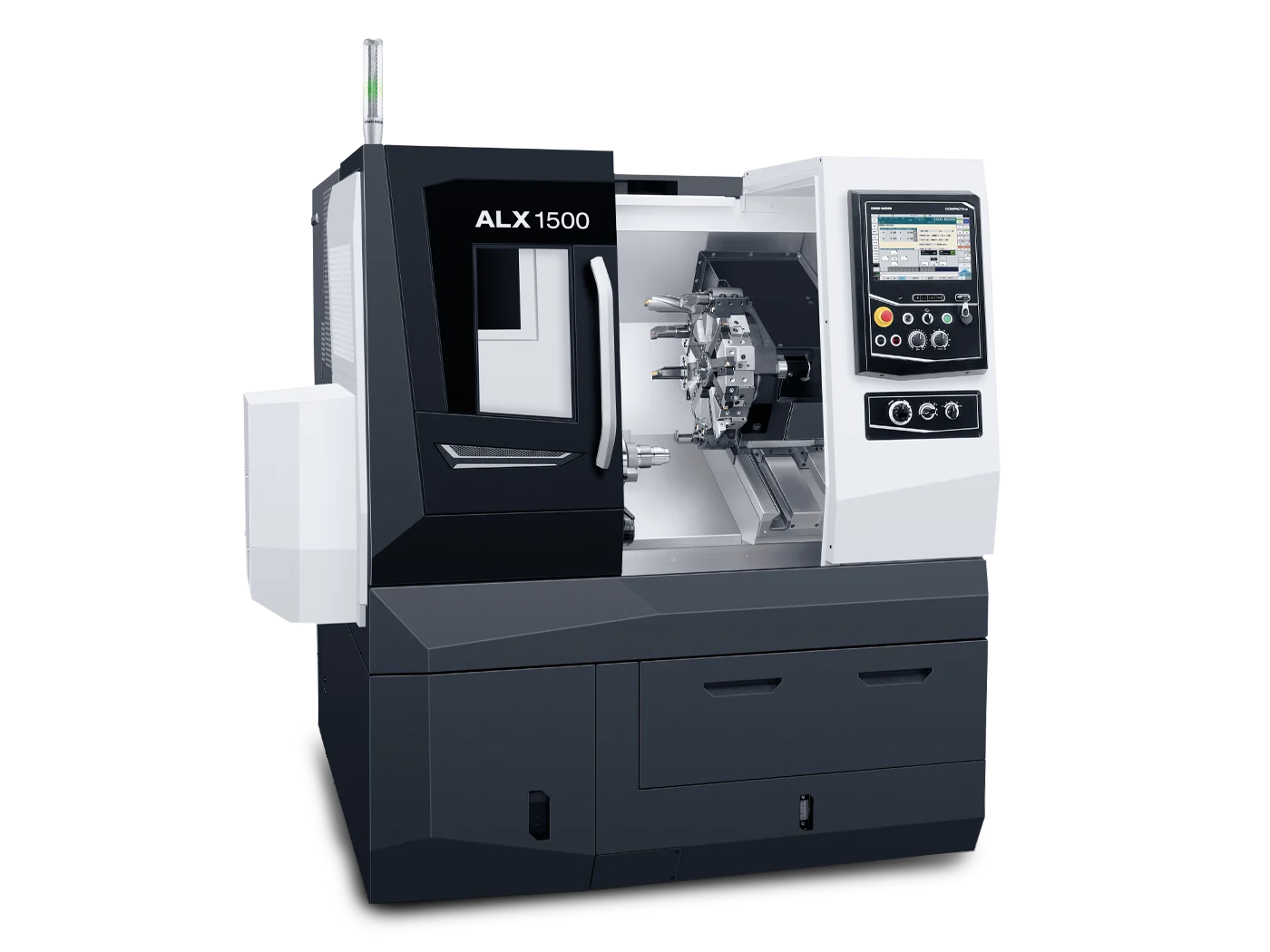 DMG MORI ALX 1500, współczesna kompaktowa tokarka dwiosiowa będąca funkcjonalnym punktem odniesienia dla starszych SL-00 i CL-150. Fotografia producenta: DMG MORI — ALX 1500.