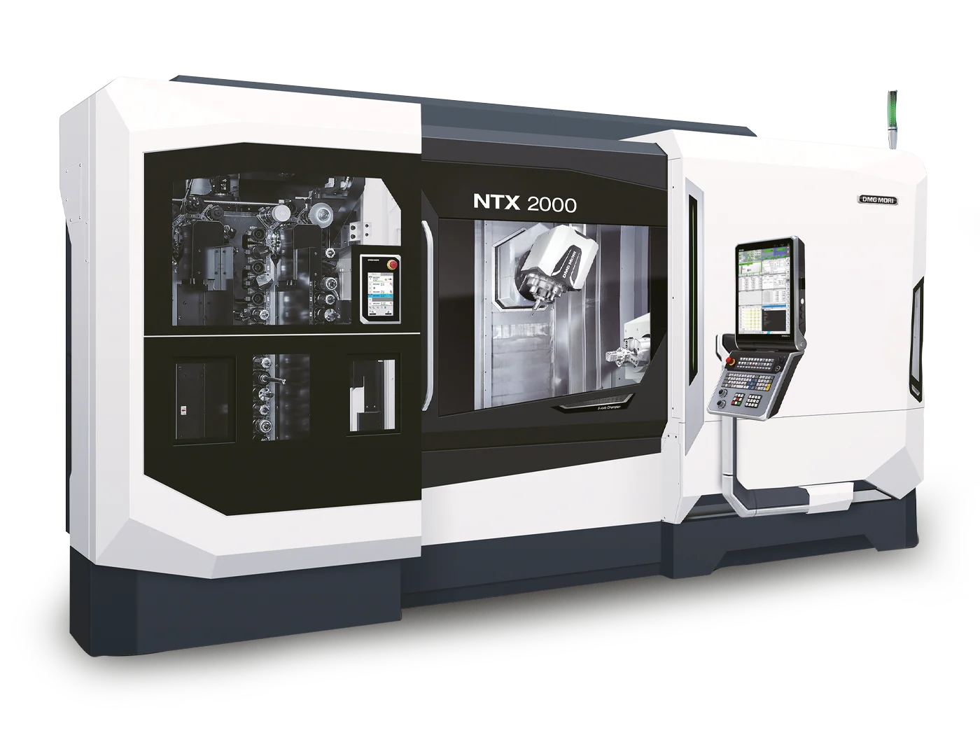 DMG MORI NTX 2000, centrum tokarsko-frezarskie z głowicą osi B i przeciwwrzecionem. Fotografia producenta: DMG MORI — NTX 2000.