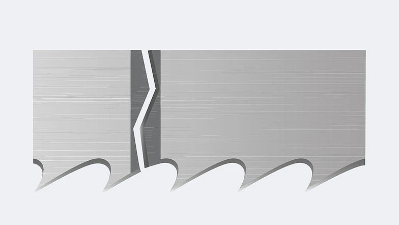 Producentowy schemat przełomu w obszarze zgrzewu zamykającego pętlę. Samo położenie pęknięcia nie rozstrzyga przyczyny, ale wyznacza miejsce pomiaru osiowości, grubości po szlifowaniu i oceny obróbki cieplnej złącza. Materiał producenta: WIKUS — przyczyny awarii taśm.